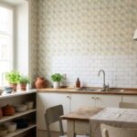 Cozinha brasileira com papel de parede ou adesivo na cozinha aplicados em paredes diferentes