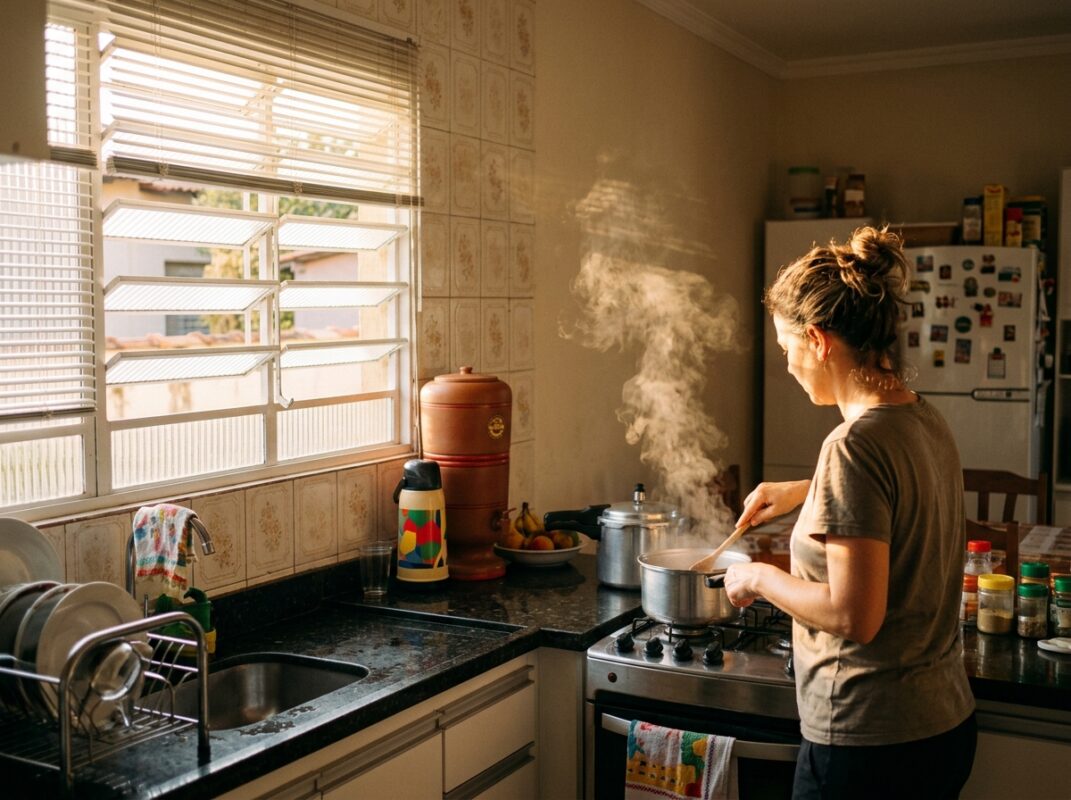 Cozinha em uso com persiana de PVC com lâminas inclinadas na janela ao lado da área de preparo