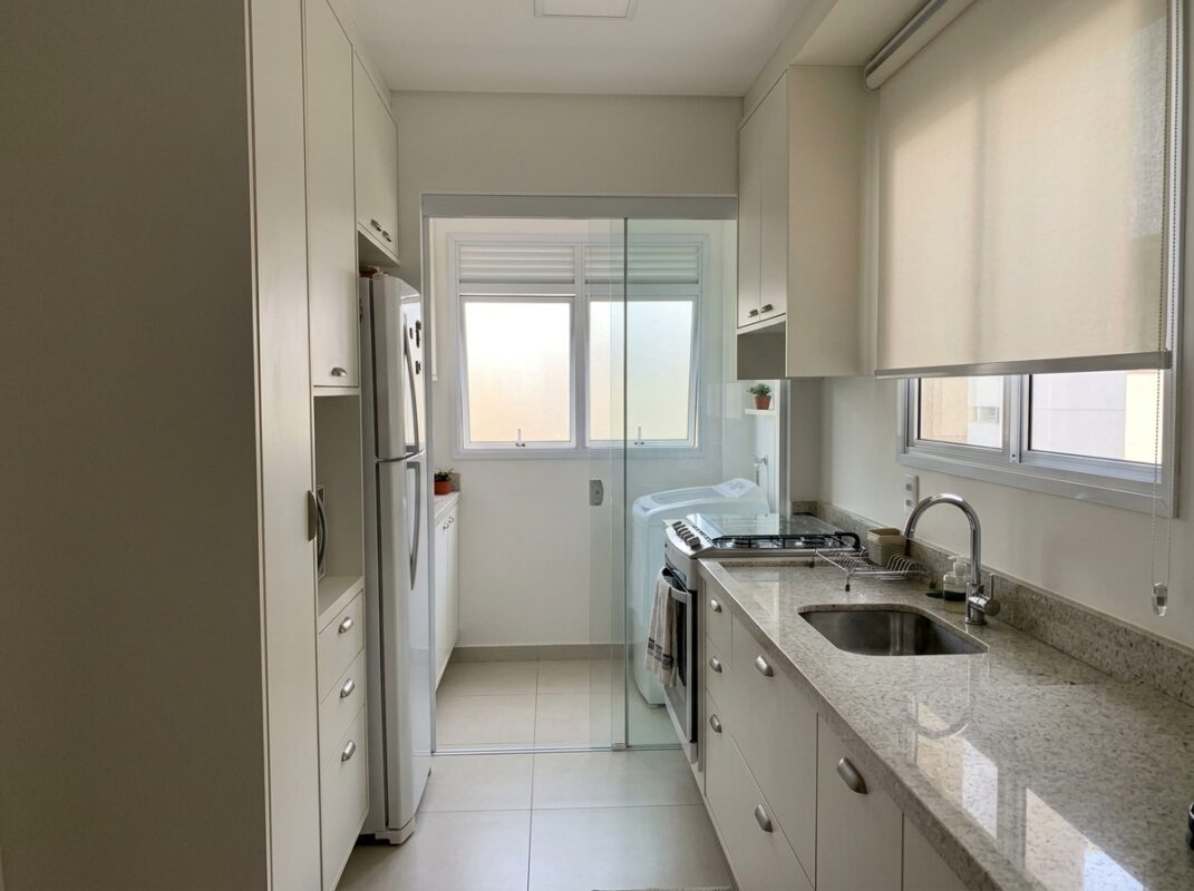 Cozinha pequena de apartamento com persiana rolô instalada acima da janela, bancada livre e armários claros