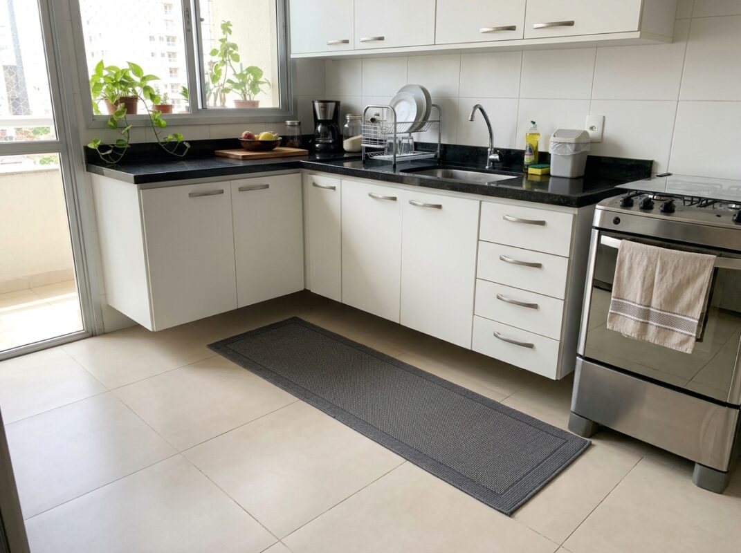 Tapete de cozinha antiderrapante fino e plano em frente à pia de uma cozinha brasileira clara
